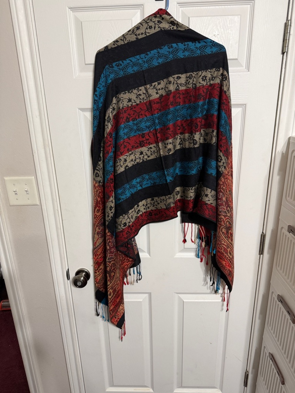 Multicolor Striped Fringe Throw Shawl - Blue, Red & Black